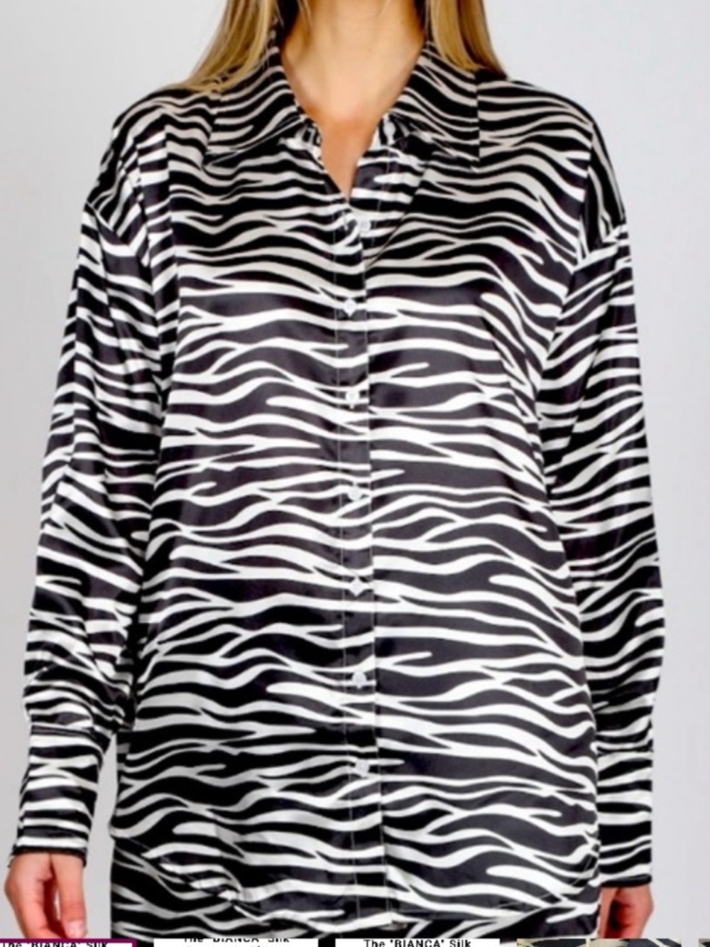 Brunette The Label Zebra Print Satin Shirt Oversized Size S/M Black Cream Glam